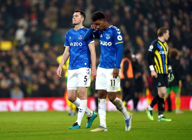 The Northern Echo: Everton's Michael Keane and Demarai Gray after the Premier League match at Carrow Road, Norwich. Picture date: Saturday January 15, 2022. PA Photo. See PA story SOCCER Norwich. Photo credit should read: Joe Giddens/PA Wire.
RESTRICTIONS: EDITORIAL